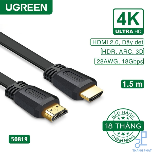 Cáp HDMI 2.0 dẹt dài 1,5m 4K@60Hz Ugreen 50819