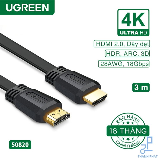 Cáp HDMI 2.0 dẹt dài 3m 4K@60Hz Ugreen 50820