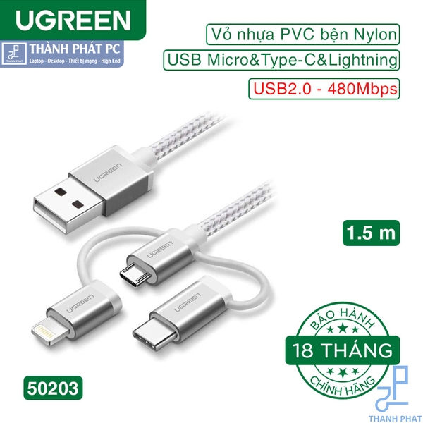 Cáp USB sang Micro/Type-C/Lightning dài 1,5m Ugreen 50203