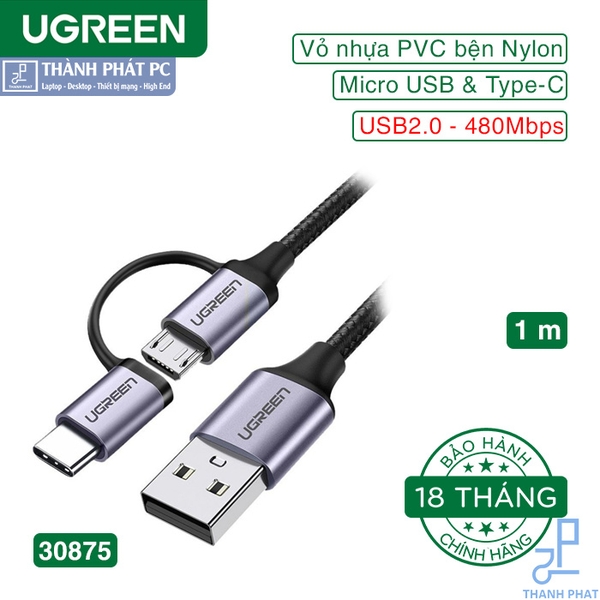 Cáp USB A sang Micro USB + Type-C dài 1m Ugreen 30875