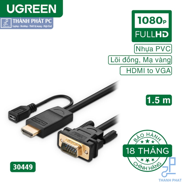 Cáp chuyển đổi HDMI to VGA 1,5m hỗ trợ nguồn Ugreen 30449