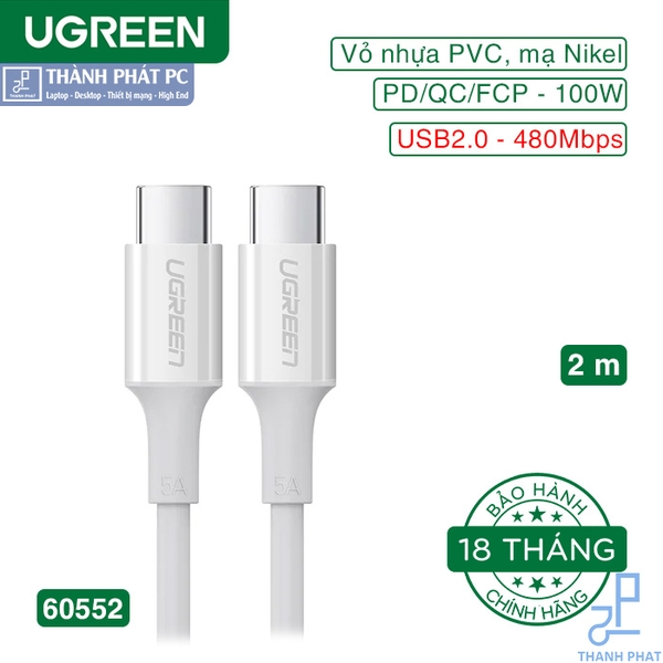 Cáp Type-C 100W 20V/5A dài 2m Ugreen 60552
