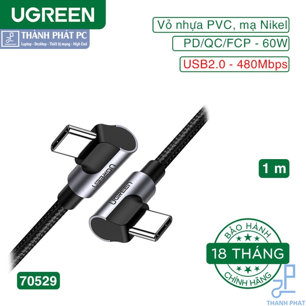 Cáp Type-C hai đầu bẻ góc 90 độ dài 1m Ugreen 70529