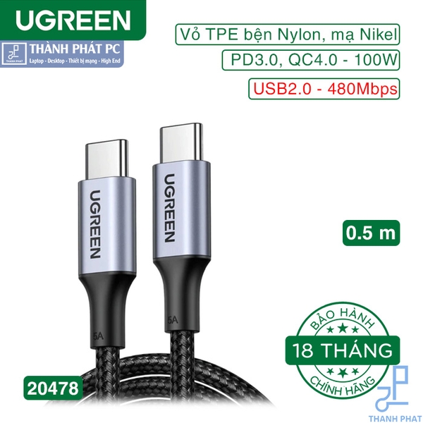 Cáp Type-C QC4.0, PD3.0 100W dài 0,5m Ugreen 20478