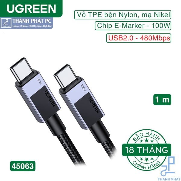 Cáp Type-C 100W bọc dù dài 1m Ugreen 45063