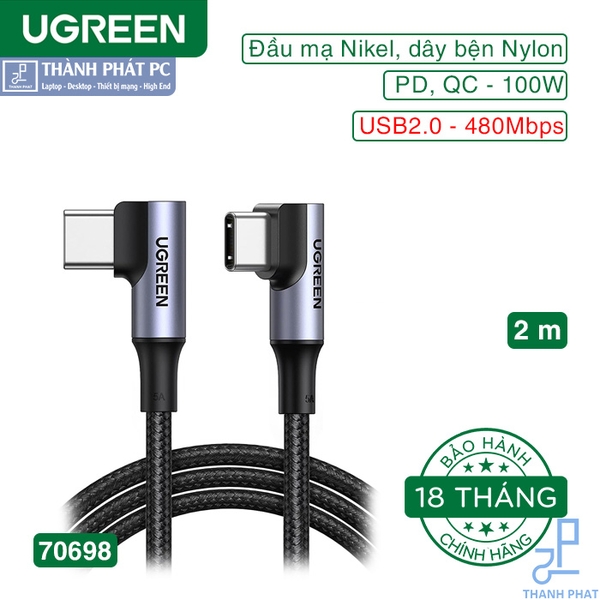 Cáp Type-C bẻ góc 2 đầu 90 độ dài 2m Ugreen 70698