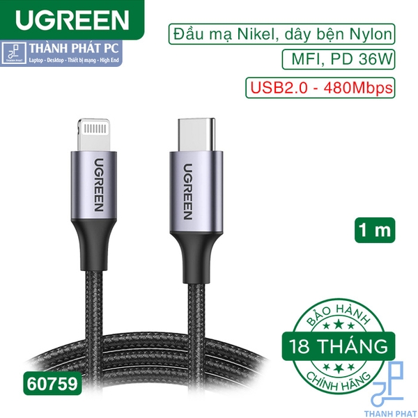 Cáp Type-C to lightning chuẩn MFi dài 1m Ugreen 60759