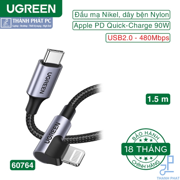 Cáp Type-C sang Lightning bẻ góc 90 độ dài 1,5m Ugreen 60764