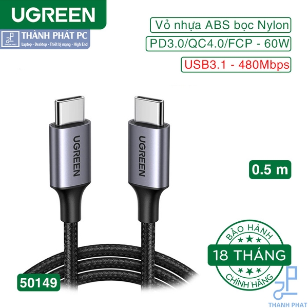 Cáp Type-C PD-60W bọc nylon dài 0,5m Ugreen 50149