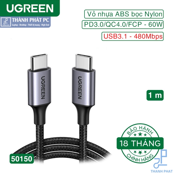 Cáp Type-C PD-60W bọc nylon dài 1m Ugreen 50150