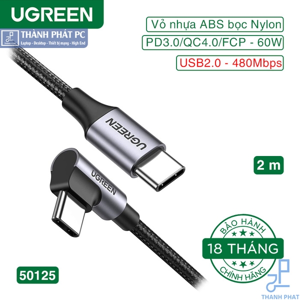Cáp Type-C bẻ góc 90 dài 2m Ugreen 50125