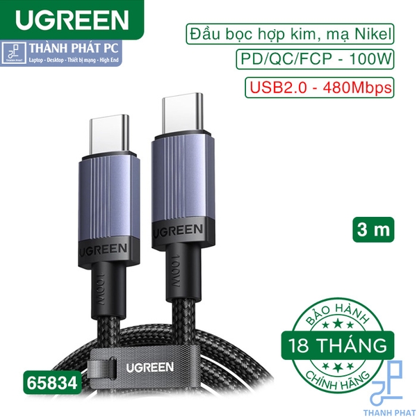 Cáp Type-C bọc dù 100W dài 3m Ugreen 65834