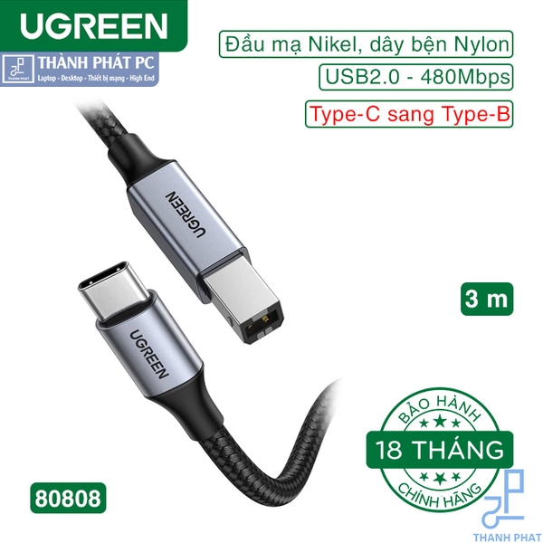Cáp máy in USB Type-C bọc dù dài 3m Ugreen 80808