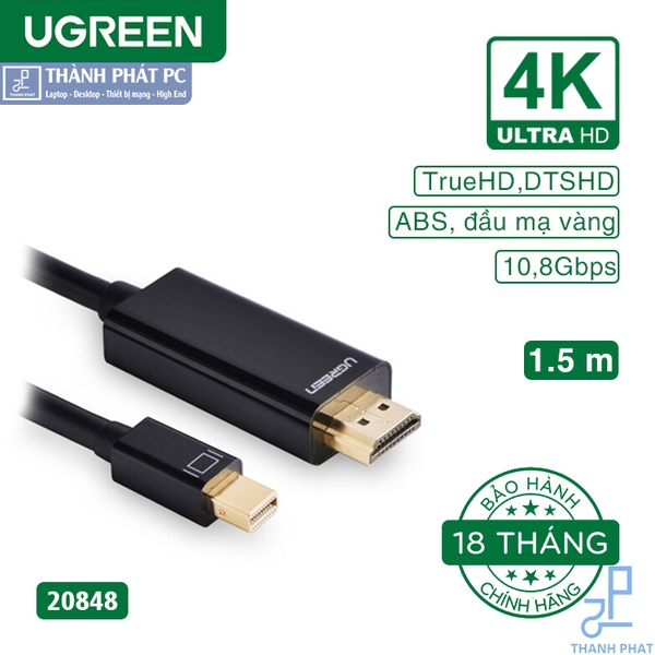 Cáp Mini DisplayPort (Thunderbolt) to HDMI dài 1.5m 4K Ugreen 20848