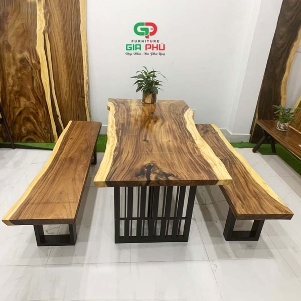 Bộ bàn ăn 6 người gỗ nguyên tấm me tây ghế băng - BBG21
