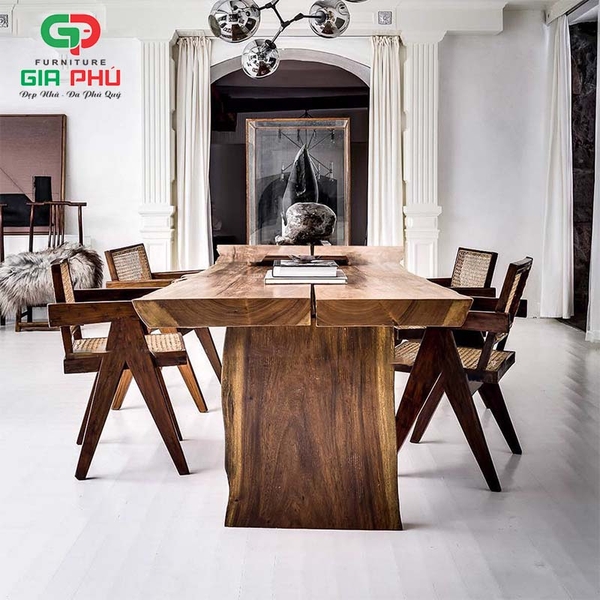 Bộ bàn ăn gỗ nguyên khối 4 ghế gỗ mây v Leg Pierre Jeanneret - BBG27