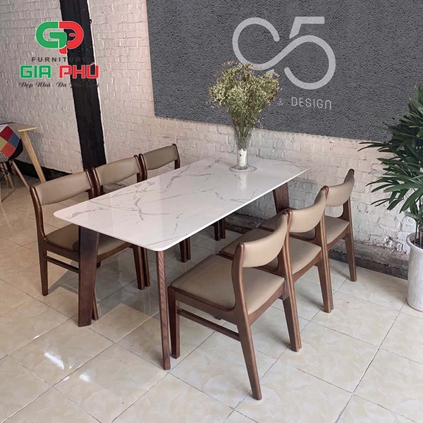 Bộ bàn ăn mặt đá chân gỗ Howard 6 ghế gỗ Bella - BBG1
