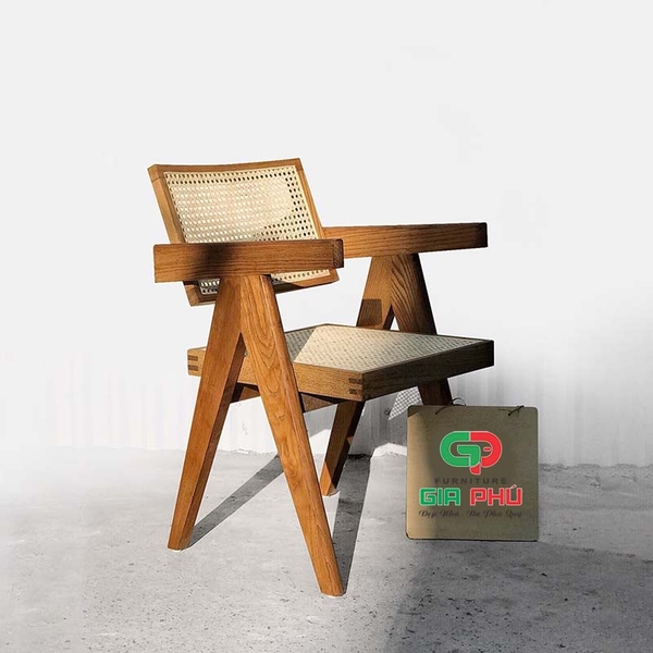 Ghế gỗ lựa lưng mây có tay V leg màu nâu óc chó G31-W
