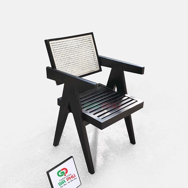 Ghế gỗ lưng mây Jeanneret có tay màu đen - G31D