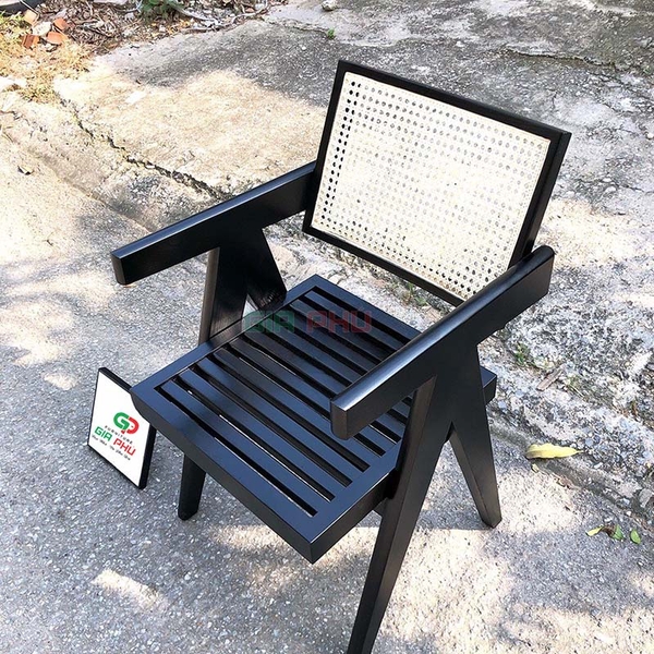 Ghế gỗ lưng mây Jeanneret có tay màu đen - G31D