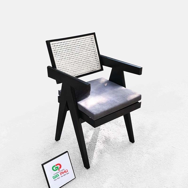 Ghế gỗ lưng mây mặt nệm Jeanneret có tay màu đen - G31E