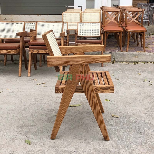 Ghế gỗ tựa lưng mây có tay jeanneret V-leg - G31A