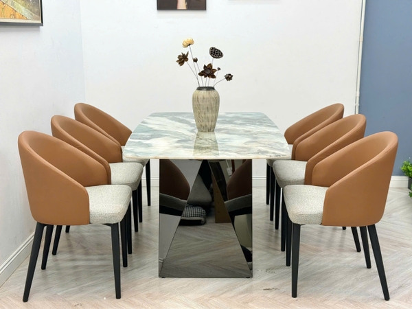 Bàn ăn nhập khẩu cao cấp chân kim cương + mặt đá Ngọc bích m6