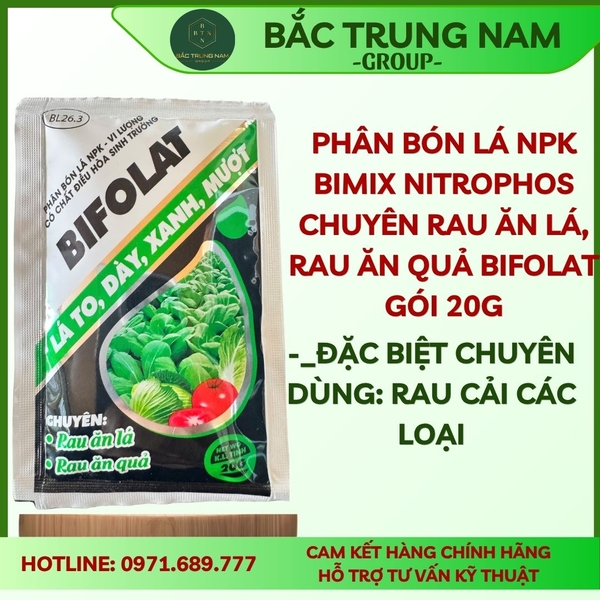 Phân bón lá NPK Bimix Nitrophos chuyên rau ăn lá, rau ăn quả Bifolat gói 20g lá to xanh dầy mượt