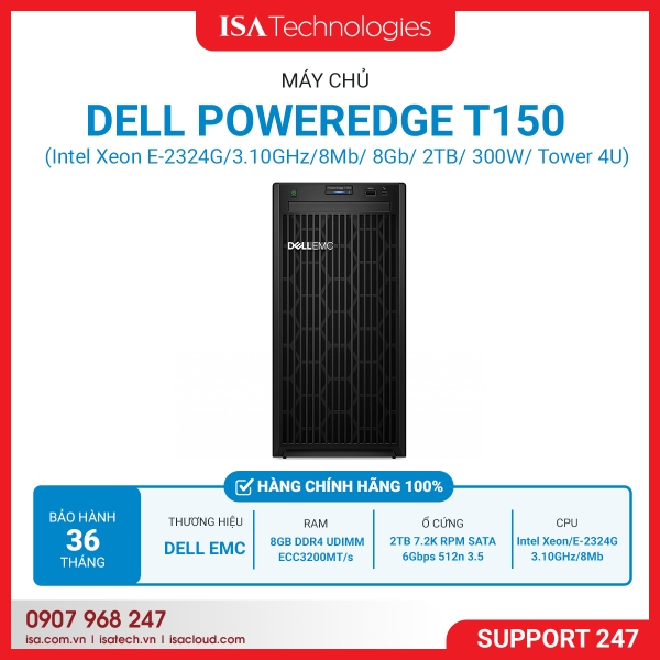 Máy chủ Dell PowerEdge T150 (Intel Xeon E-2324G/3.10GHz/8Mb/ 8Gb/ 2TB/ 300W/ Tower 4U)
