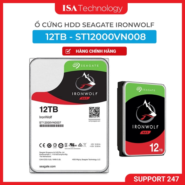 Ổ cứng HDD Seagate IronWolf 12TB – 3.5 inch, 7200 RPM, SATA, 256MB Cache, Chuyên dụng cho NAS
