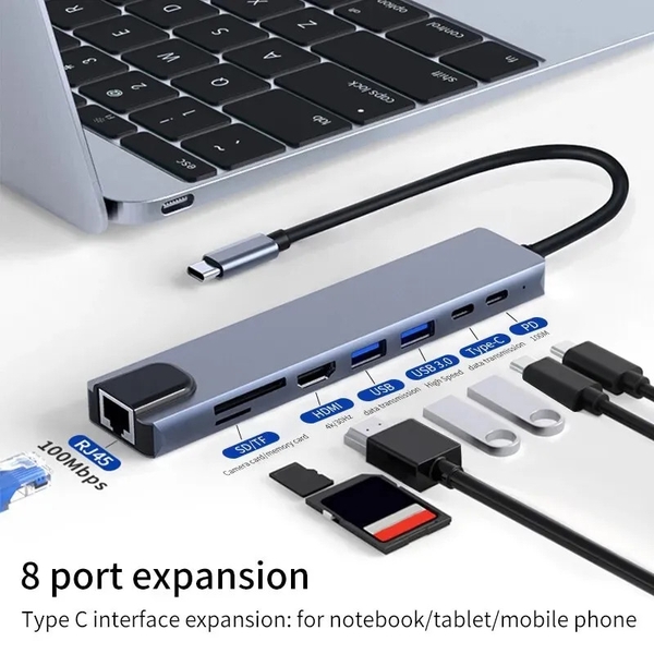 Cáp chuyển Type C sang HDMI RJ45 Lan thẻ nhớ SD Micro SD sạc 8 in 1 đa chức năng dùng cho máy tính, điện thoại...