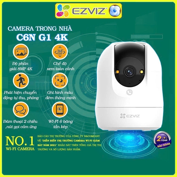 Camera không dây wifi Ezviz C6N G1 4K 8MP, đàm thoại, xoay 360, góc dọc rộng, đèn màu đêm khi có người