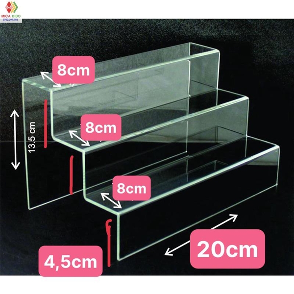 Kệ mica bậc thang 3 tầng 13,5x24cm ( dài 20cm, cao mỗi tầng là 4,5cm, rộng mỗi tầng là 8cm).