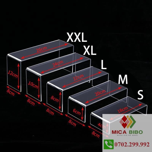 Dày 4mm - Kệ mica chữ U trưng bày Mỹ Phẩm, Trang Sức, Búp Bê, Nhân Vật, bánh