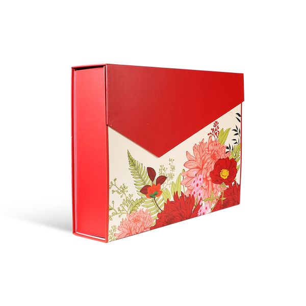 HỘP QUÀ HOA MẪU ĐƠN ĐỎ - NẮP CHÉO, KHAY 6 HŨ YẾN