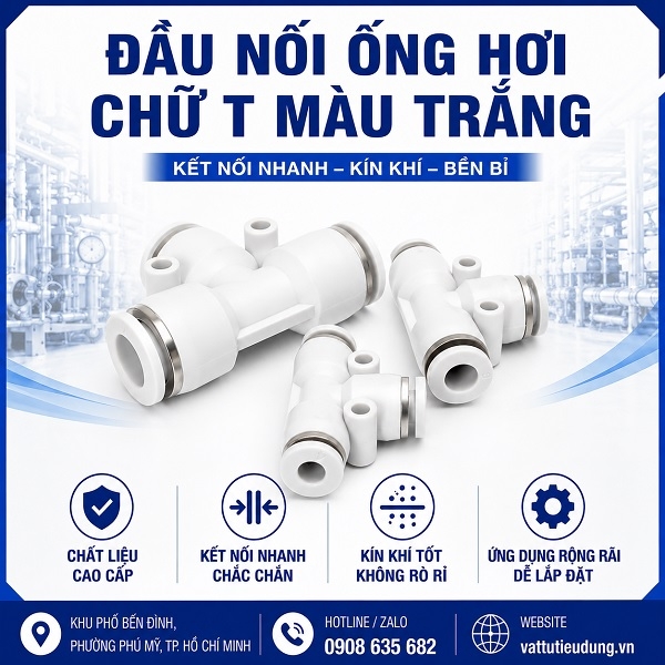 Đầu nối nhanh khí nén chữ T màu trắng Push In 4mm 6mm 8mm 10mm 12mm