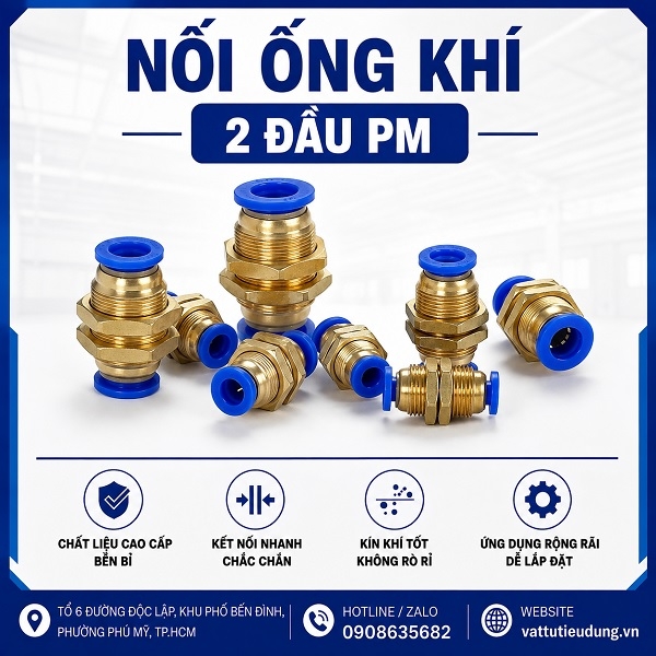 Nối ống khí 2 đầu PM bằng đồng kết nối ống PU khí nén