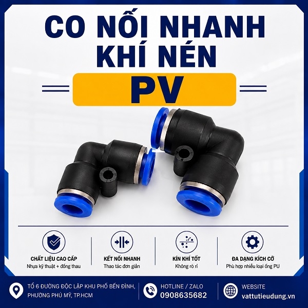 Co nối nhanh khí nén PV – co nối góc 90 độ cho ống PU