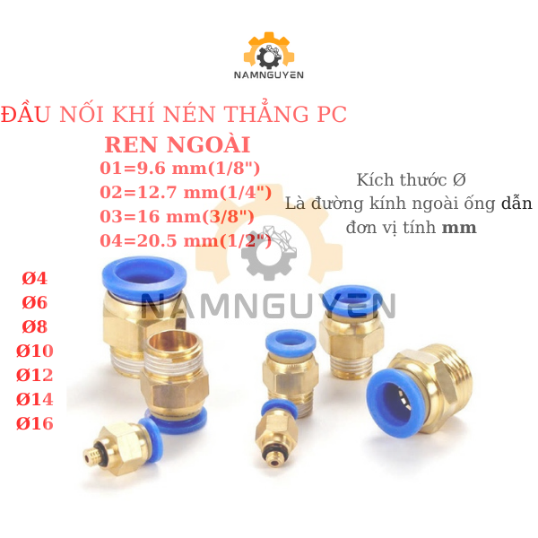 đầu nối khí nén thẳng ren ngoài pc