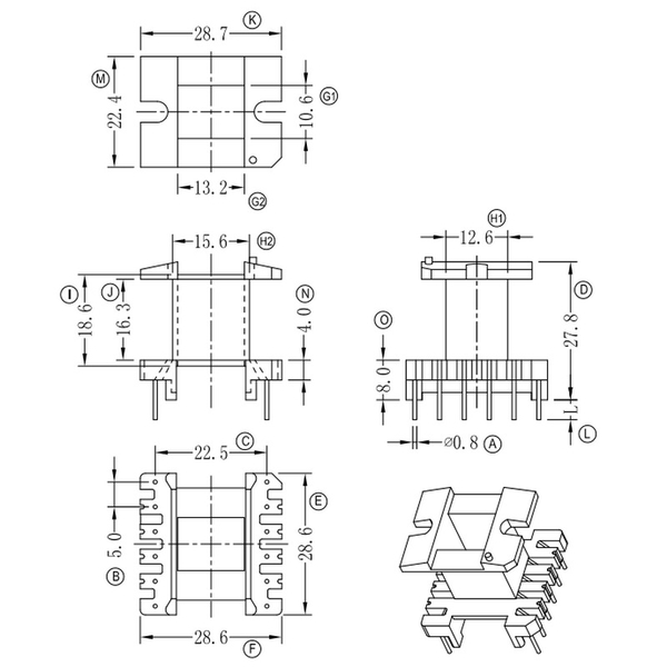 Khuôn Biến Áp EE33 Đứng (6+6 Chân)