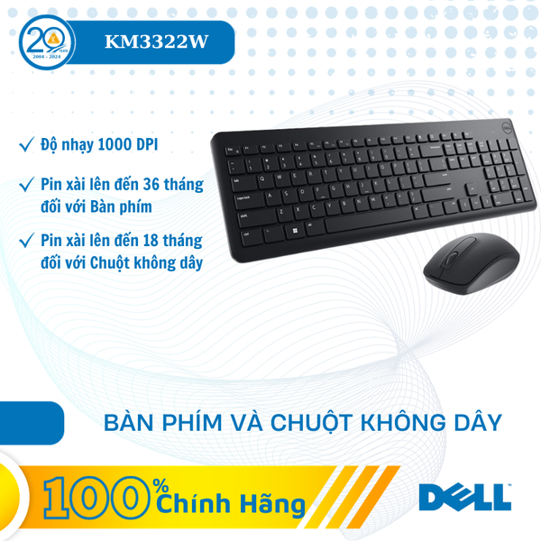 Bộ Bàn phím và Chuột không dây Dell US English KM3322W - ĐEN