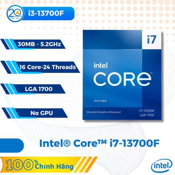 CPU Intel Core i7-13700F (30MB | 16 nhân 24 luồng | Upto 5.2GHz | LGA 1700 | No GPU)