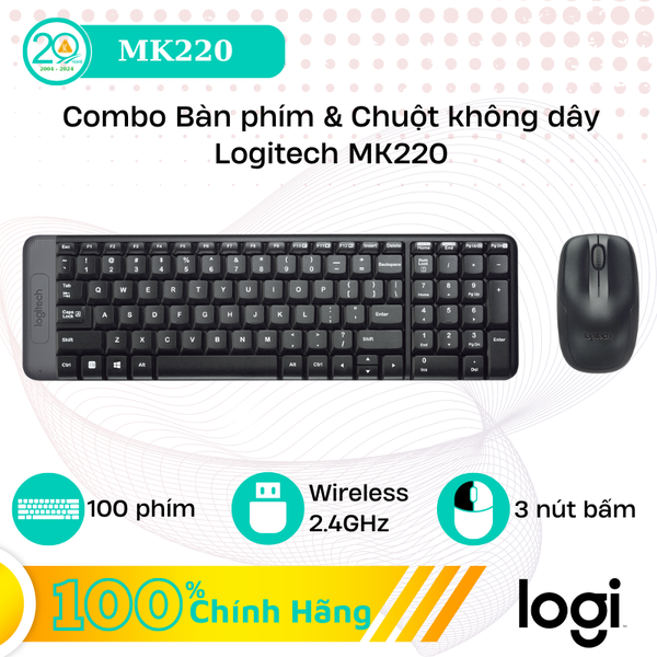 Bộ Bàn Phím & Chuột Không Dây Logitech MK220