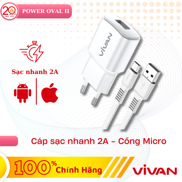 Cốc Sạc VIVAN Power Oval II (kèm cáp sạc) củ sạc 10W cổng USB 2A sạc an toàn nhỏ gọn