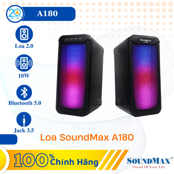 Loa Vi Tính SoundMax A-180 (Loa 2.0/ 10W/ BT/ Đen)