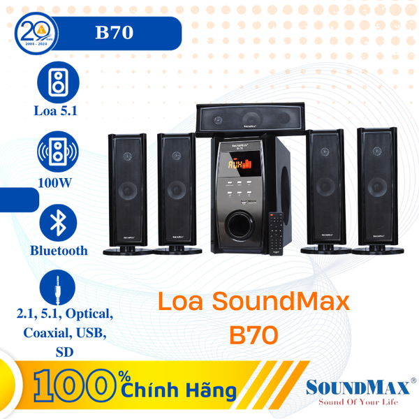 Loa Vi Tính Soundmax B-70 (Loa 5.1/ 100W/ RCA/ USB/ Optical/ SD/ BT/ Đen)