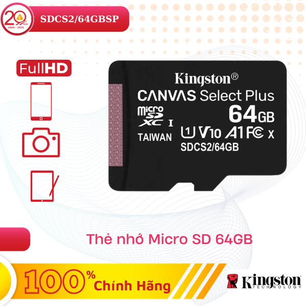 Thẻ Nhớ MicroSDXC Kingston Canvas Select Plus 64GB Class 10 U1 100MB/s SDCS2/64GBSP
