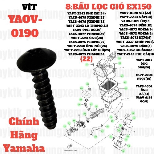 [EX15][8:BẦU LỌC GIÓ] YAOV-0190 VÍT EX15 (15-18) (22),Exciter135(06-10) Ex135Lc-Ex135V1 trùng mã 901630580300. EX155 [8:BẦU(21)], NVX155_V1 [8:BẦU(28)] [Yamaha]