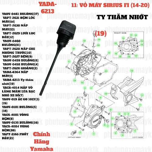 [SIR][11:VỎ MÁY] YADA-6213-Ty thăm nhớt Taurus-Sirius FI-Jupiter Fi-Jupiter 31C (14-20) (19) [Yamaha]