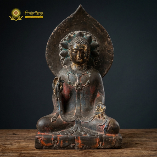 Tượng Đức Bổn Sư Thích Ca hào quang hình lá bồ đề đá xanh đồ xưa nguyên khối